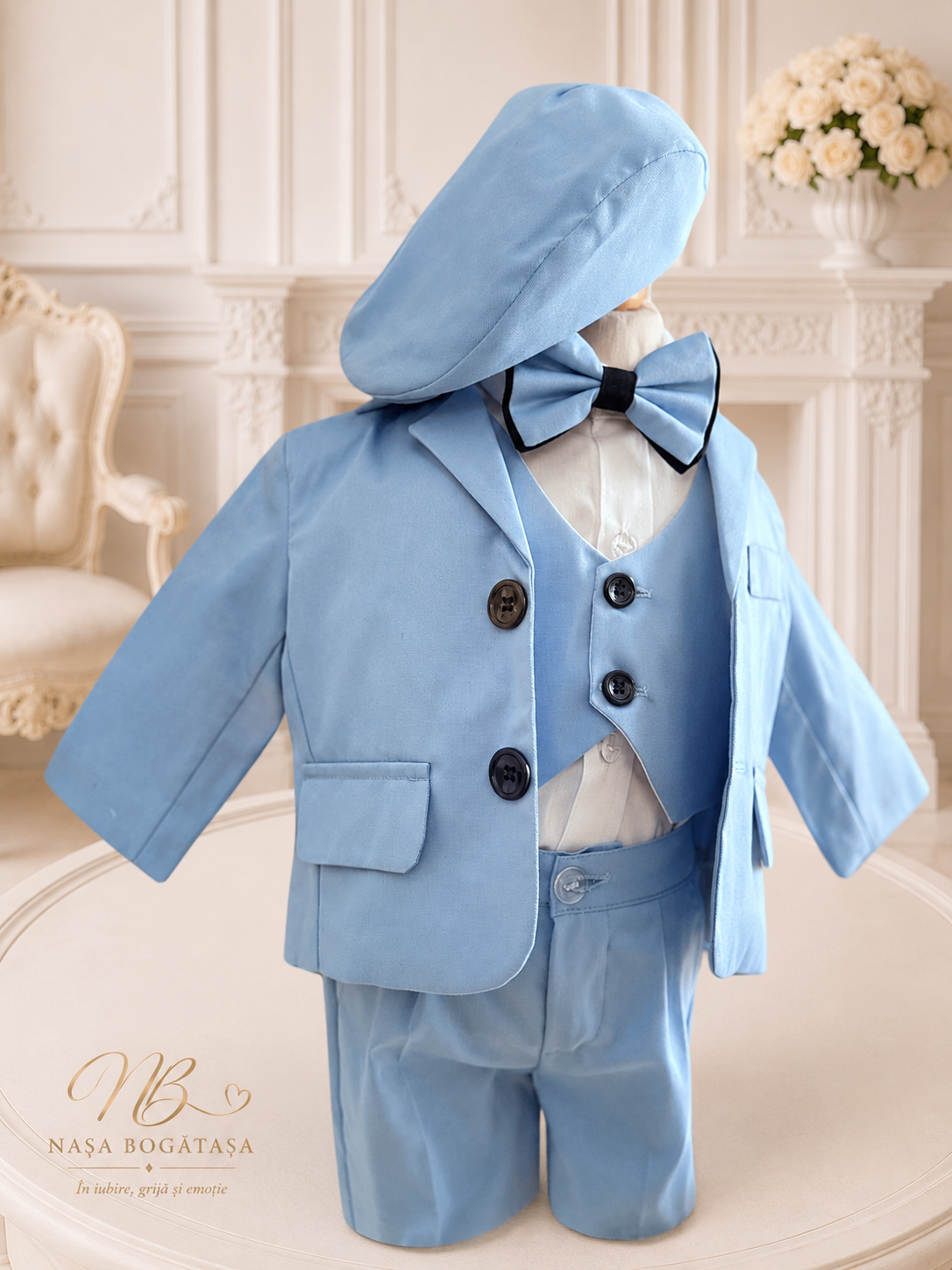 Costum de botez băiețel bleu cu vestă și bască Célian - imagine 2