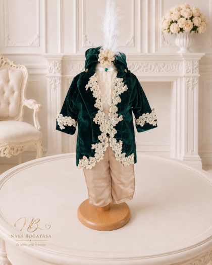 Costum de botez băiețel verde smarald cu dantelă Léopold