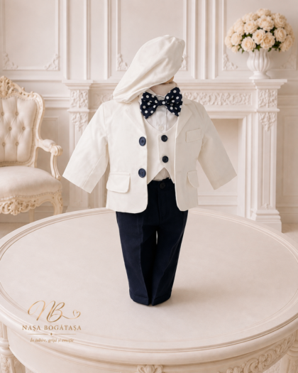 Costum de botez băiețel alb cu papion bleumarin Jules
