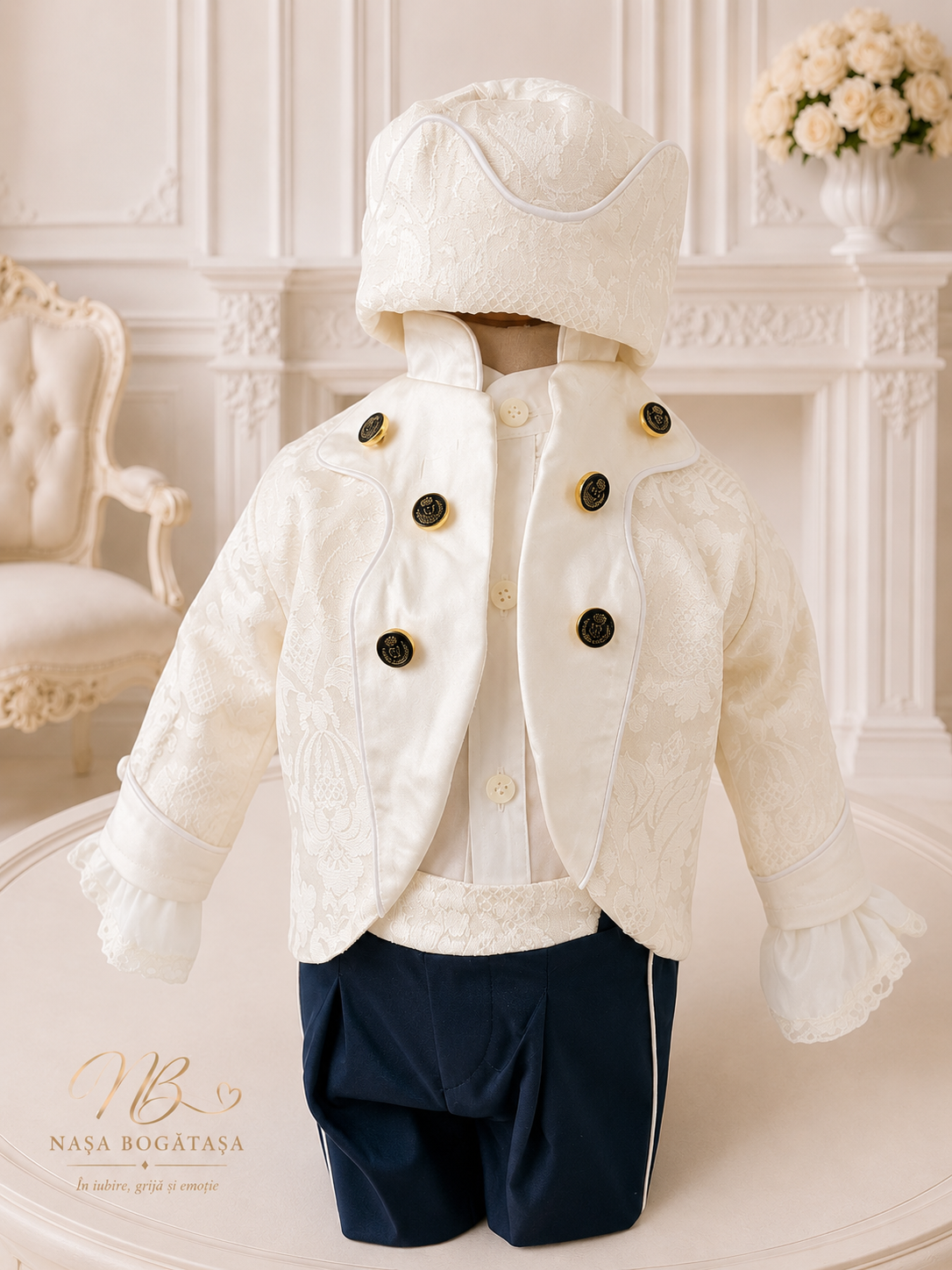 Costum de botez băiețel alb și bleumarin cu dantelă Théodore - imagine 2
