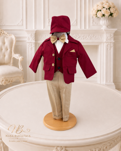 Costum de botez băiețel burgundy cu bonetă Lucien