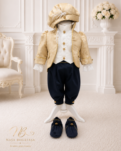 Costum de botez băiețel cu sacou auriu Raphaël, prezentat din față