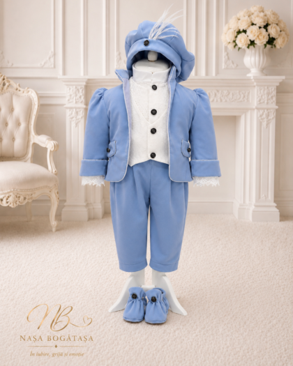 Costum de botez băiețel bleu cu vestă albă Émile