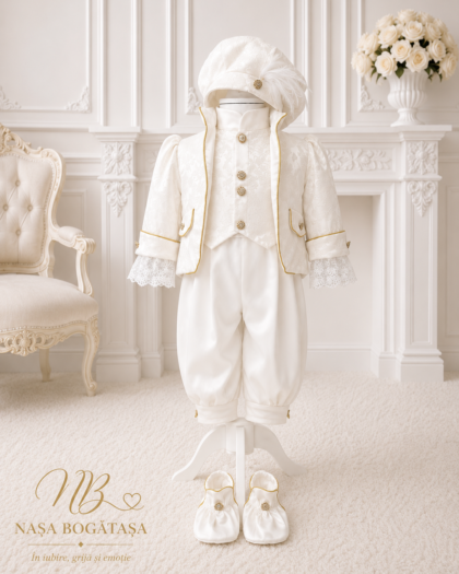 costum de botez băiețel alb cu detalii aurii, costum botez băiețel alb, costum alb cu detalii aurii, costum prinț băiețel, costum alb pentru bebeluș, costum cu vestă florală, costum cu pantaloni gogoșari, costum cu beretă albă, costum cu manșete din dantelă, costum cu nasturi aurii, costum premium botez, costum ceremonie băiețel, ținută botez băiat, costum elegant bebeluș, costum alb de ocazie, costum aniversare băiețel, botez elegant băiat, colecție botez băieței, Nașa Bogătașa, model Célestin