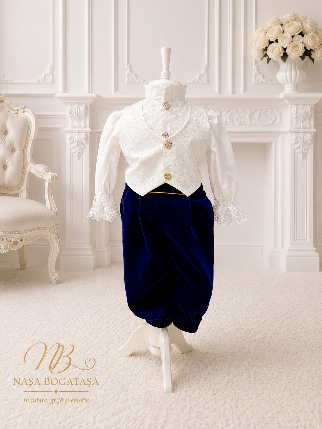 Vestă albă cu model în relief și pantaloni gogoșari albastru regal