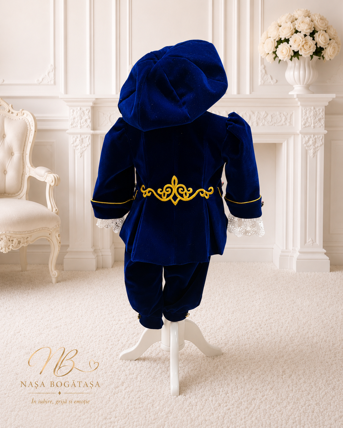 Costum Amaury prezentat din spate cu ornament auriu la talie