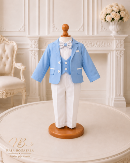 Costum de botez băiețel bleu cu pantaloni albi Gabriel
