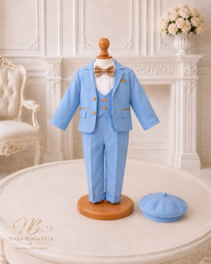 Costum de botez băiețel bleu cu papion bej Adrien