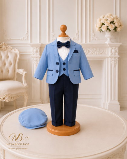 Costum de botez băiețel bleu cu pantaloni bleumarin Raphaël