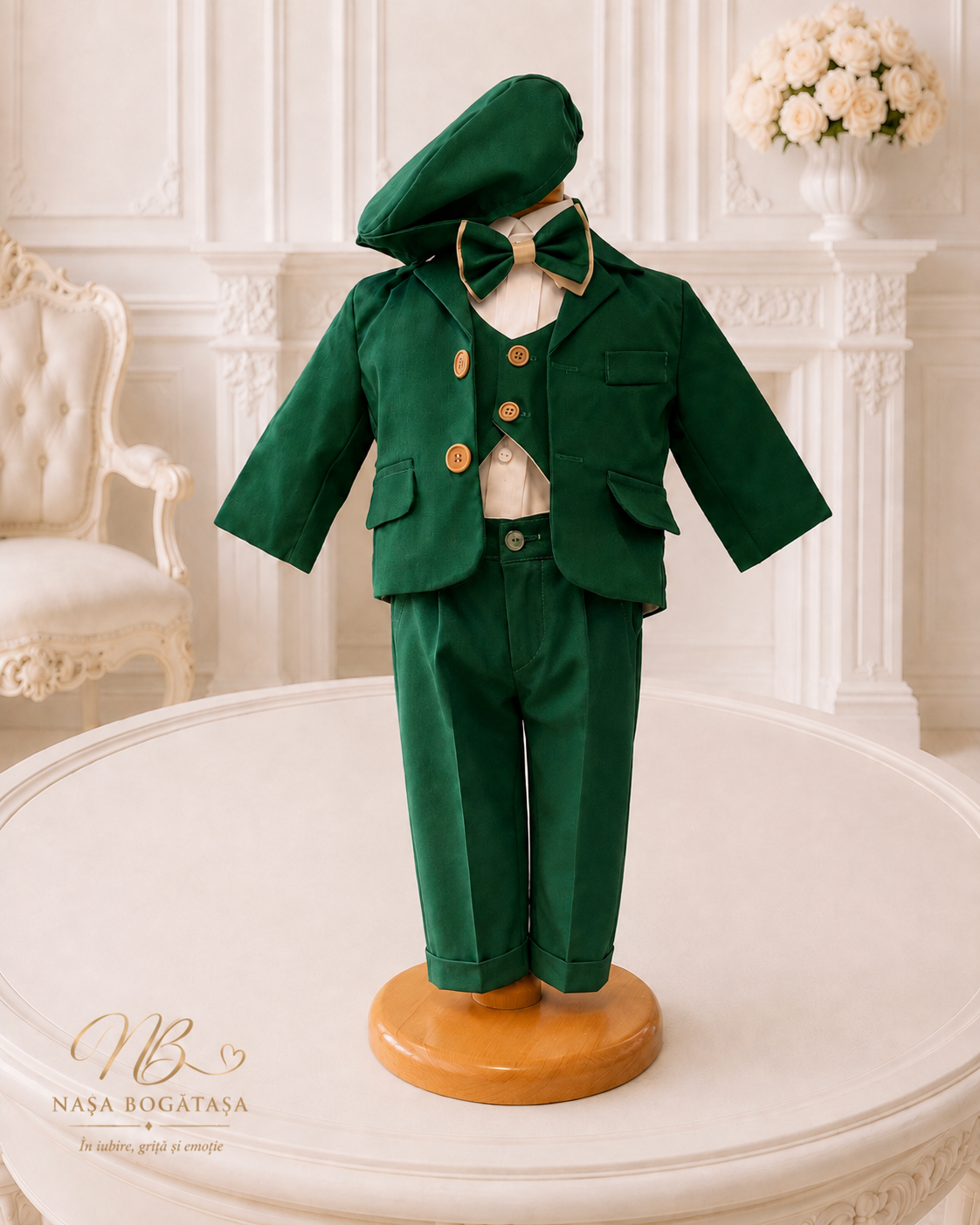 Costum de botez băiețel verde smarald cu papion Armand