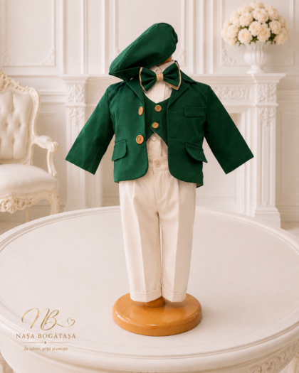 Costum de botez băiețel verde cu pantaloni crem Gaspard
