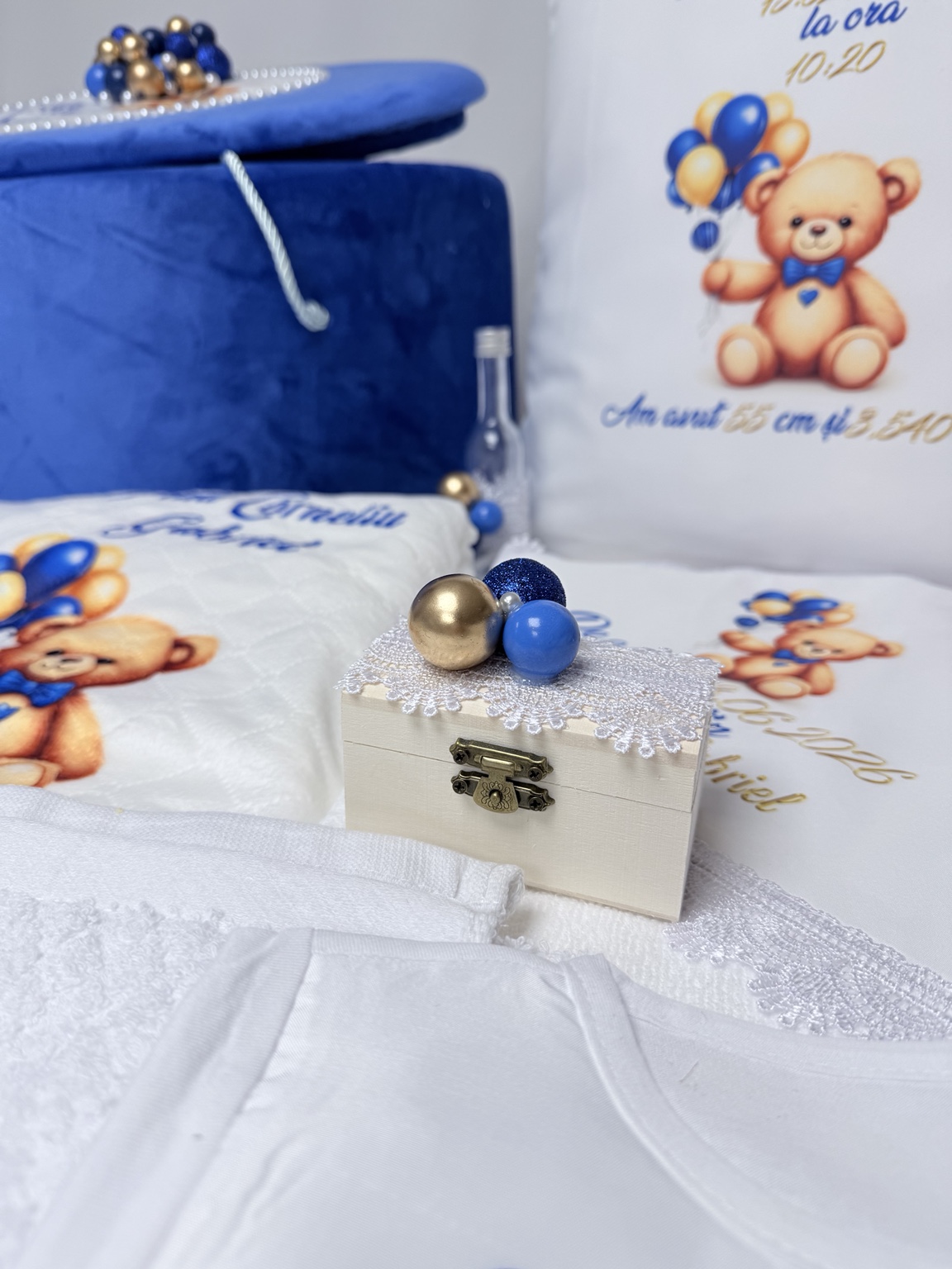 Pachet complet de botez LUX pentru băiețel albastru regal Ourson Bleu d’Or – ursuleț cu balonașe - imagine 3