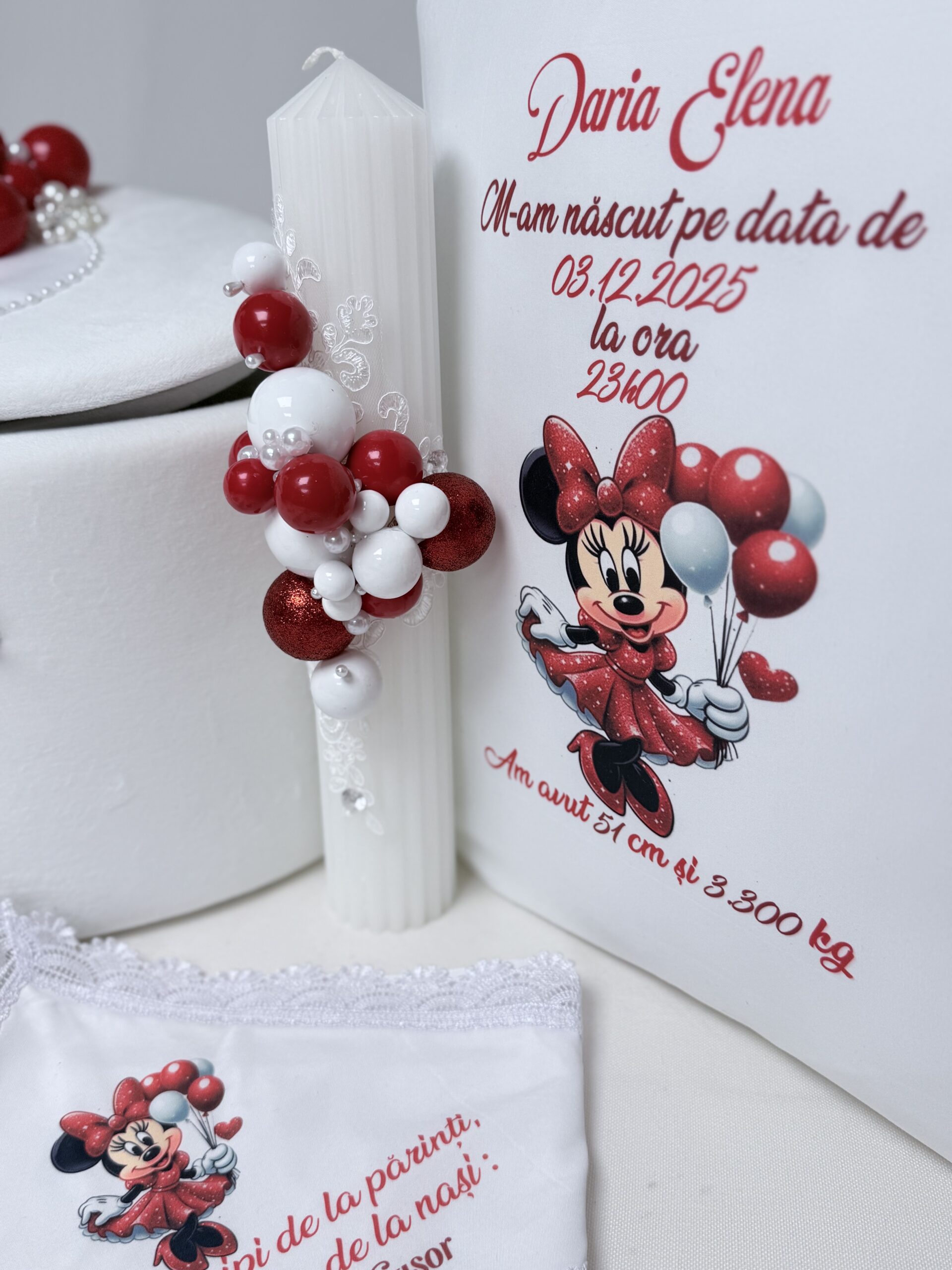 Trusou de botez personalizat de lux pentru fetiță alb și roșu Féerie Rouge – Minnie cu balonașe - imagine 5