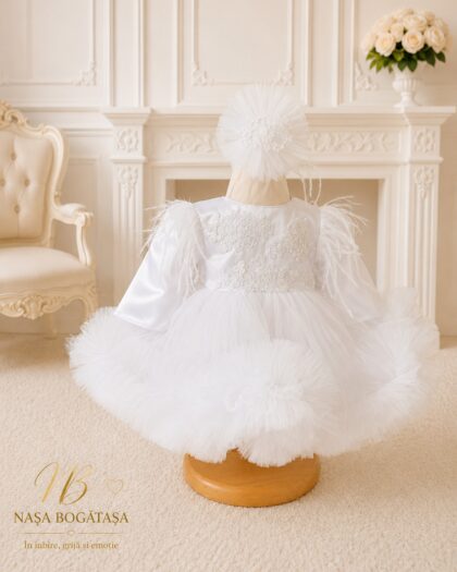 Rochie de botez fetiță albă cu bonetă și dantelă Béatrice