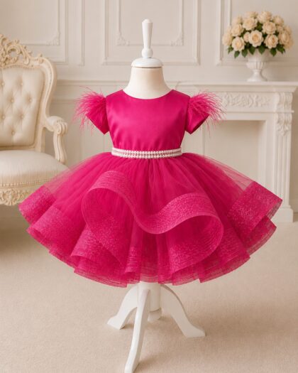 Rochie de botez fetiță fucsia cu tulle și perle Élise