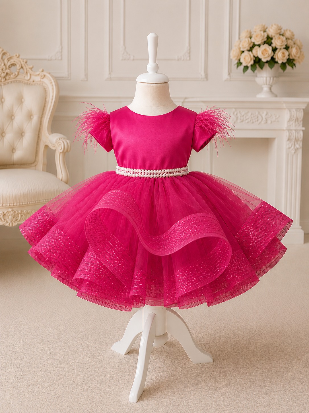 Rochie de botez fetiță fucsia cu tulle și perle Élise