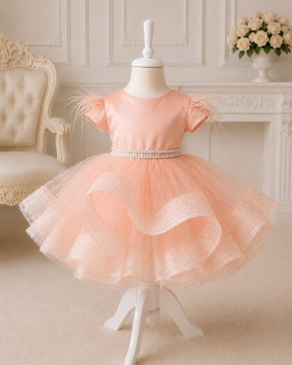 Rochie de botez fetiță roz piersică cu tulle Aurore