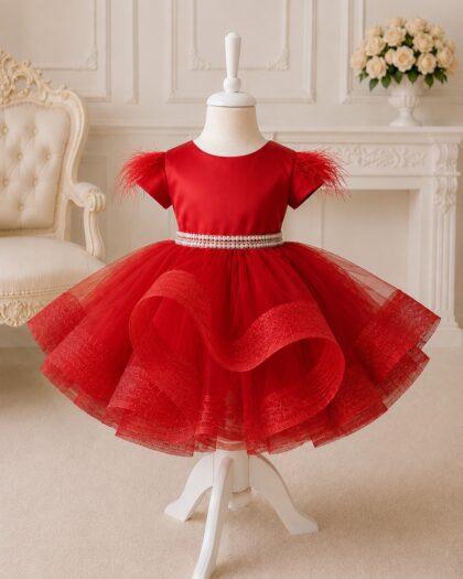 Rochie de botez fetiță roșie cu tulle și perle Valentine
