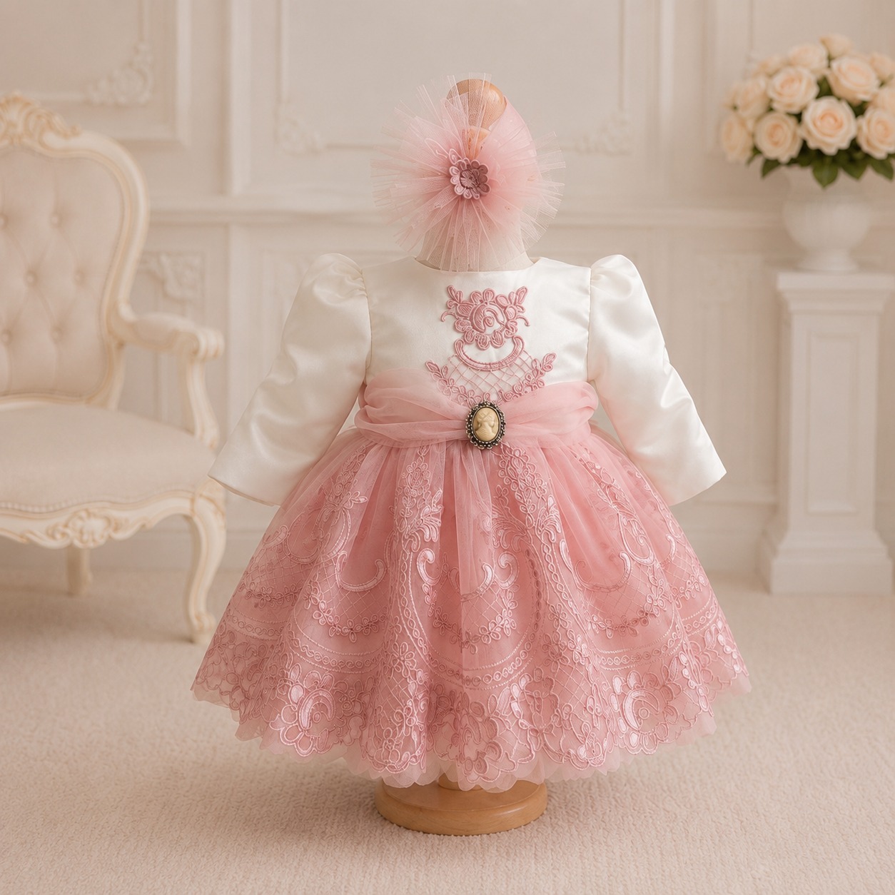 Rochie de botez fetiță albă și roz cu dantelă Amélie