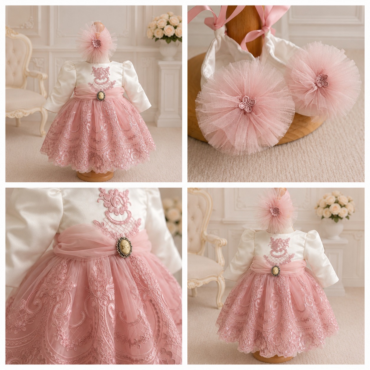 Rochie de botez fetiță albă și roz cu dantelă Amélie - imagine 2