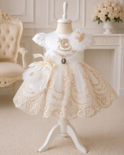 Rochie de botez fetiță albă cu dantelă aurie Aurélie