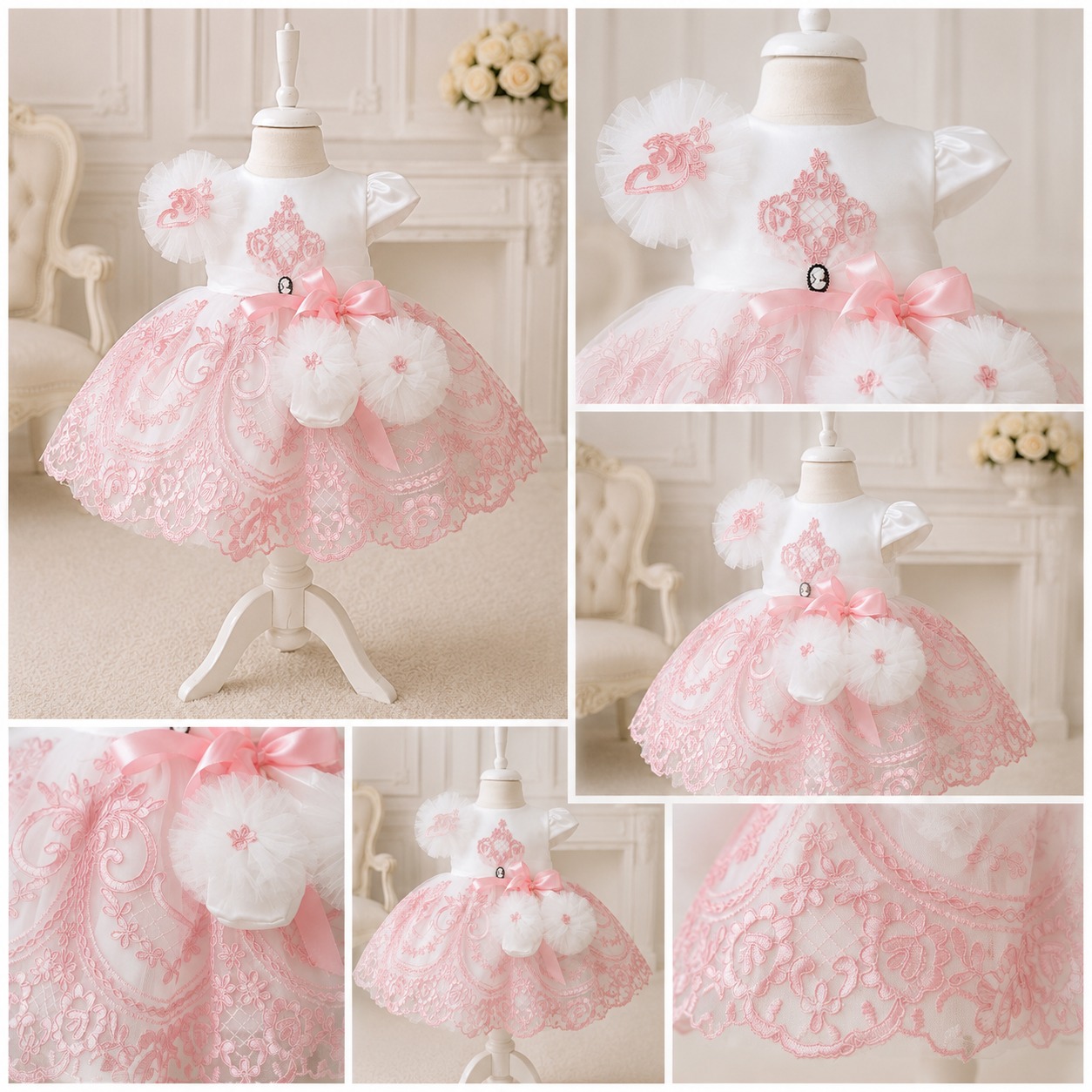 Rochie de botez fetiță albă cu dantelă roz Odette – fundă satinată și broderii ample - imagine 2