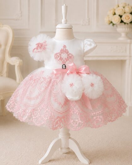 Rochie de botez fetiță albă cu dantelă roz Odette