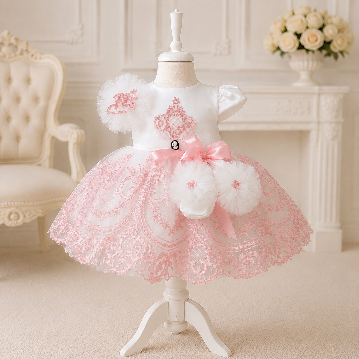 Rochie de botez fetiță albă cu dantelă roz Odette