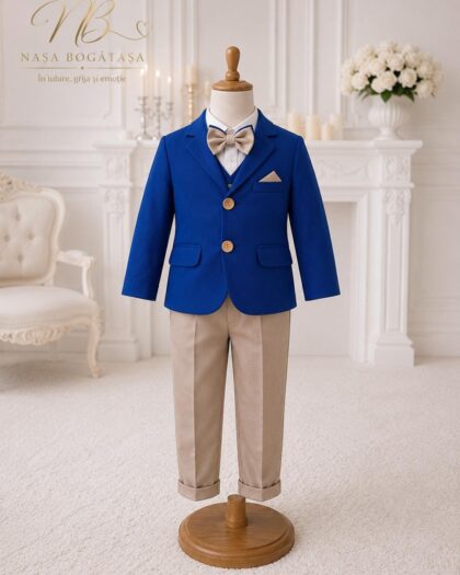 Costum de botez băiețel albastru regal cu pantaloni bej Raphaël