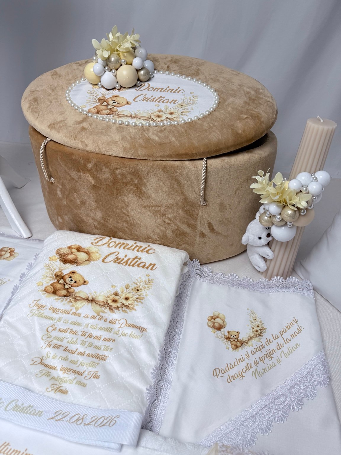 Trusou de botez bej cu ursuleț – Ourson Vanille - imagine 5