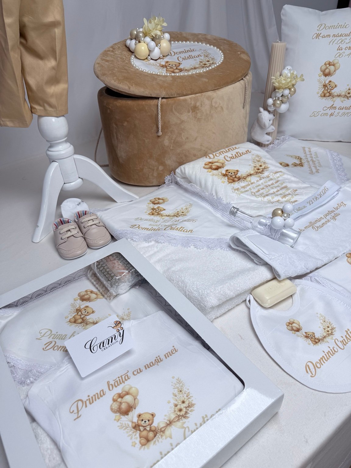 Trusou de botez bej cu ursuleț – Ourson Vanille - imagine 4